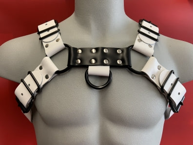 Wht/Blk Leather D-ring Bull Dog Harness
