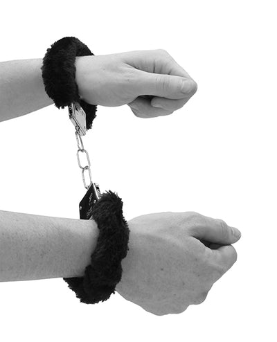Shots Ouch Black & White Beginner's Furry Hand Cuffs - Black