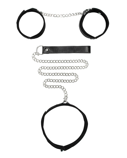 Shots Ouch Black & White Velcro Collar W-leash & Hand Cuffs - Black